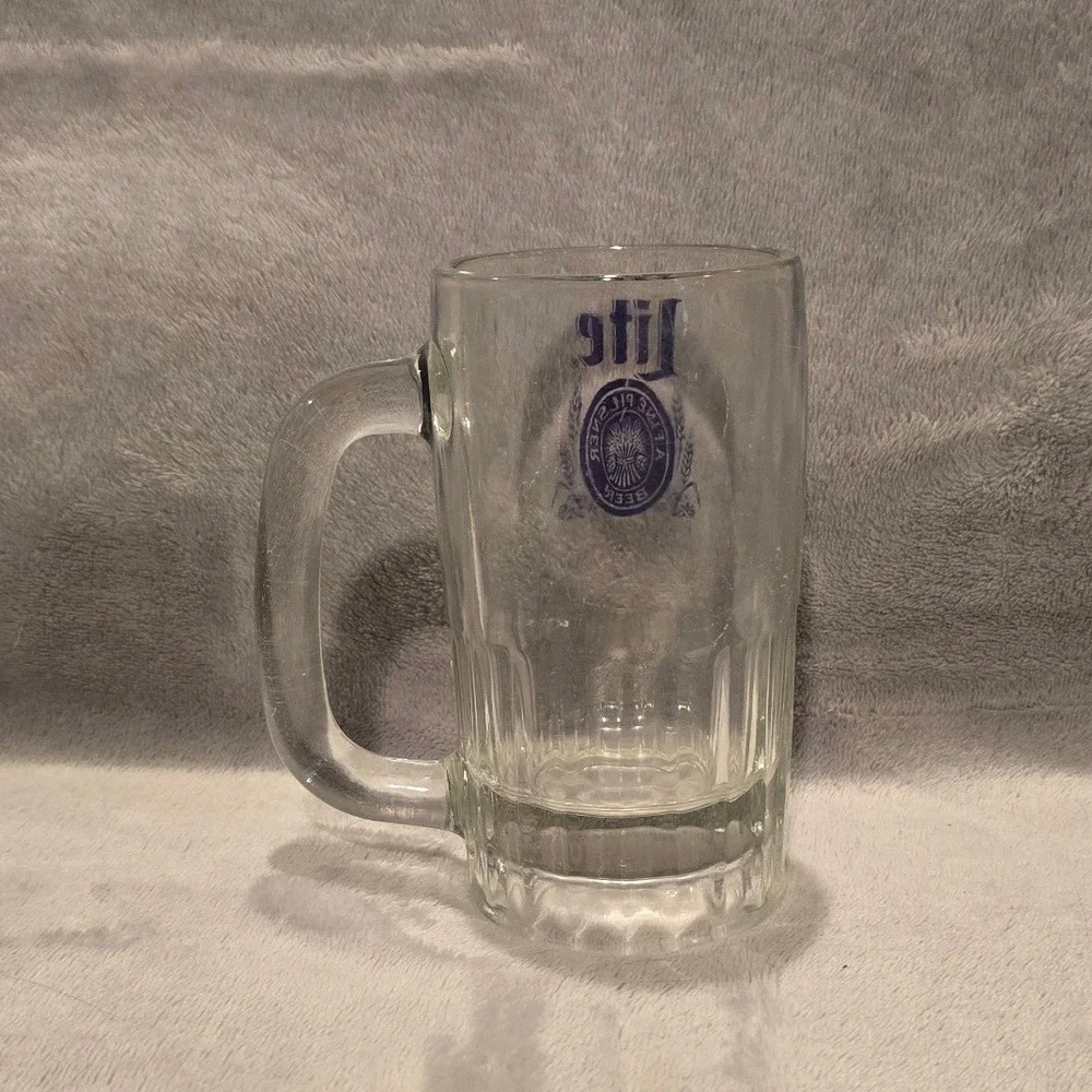 Vintage Miller Lite Beer Stein Fine Pilsner Beer Glass Mug Clear Blue Logo 5.25